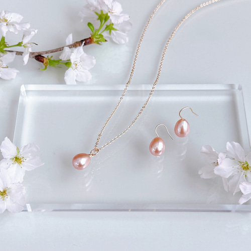 人と被らない 桜色 ピンク しずく 淡水パール ピアス イヤリング