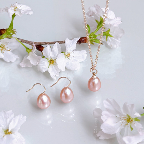 人と被らない 桜色 ピンク しずく 淡水パール ピアス イヤリング