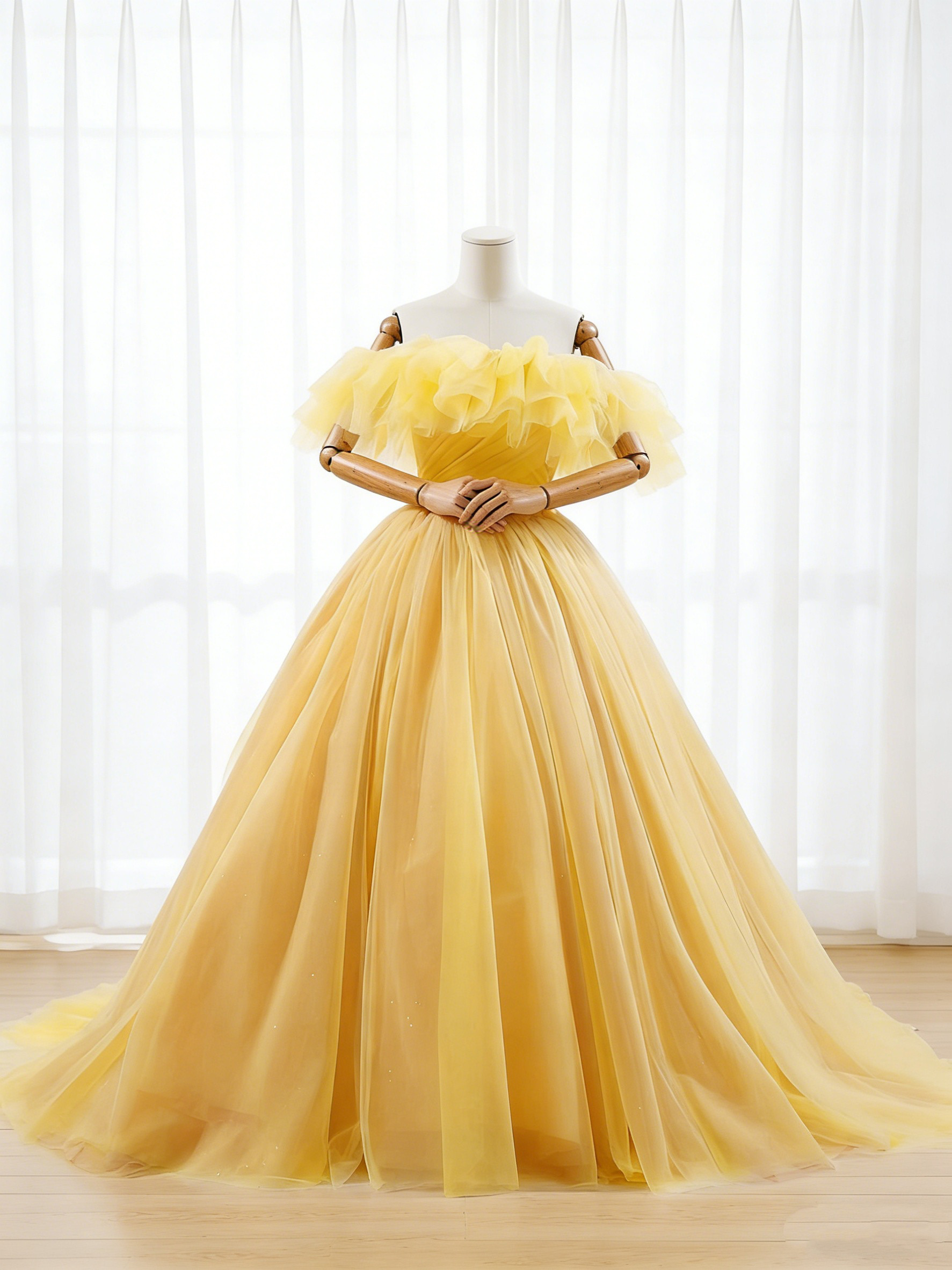 送料無料！カラードレス イエロー オフショルダー チュールスカート 前撮り エアリー感 シアーな美しさ