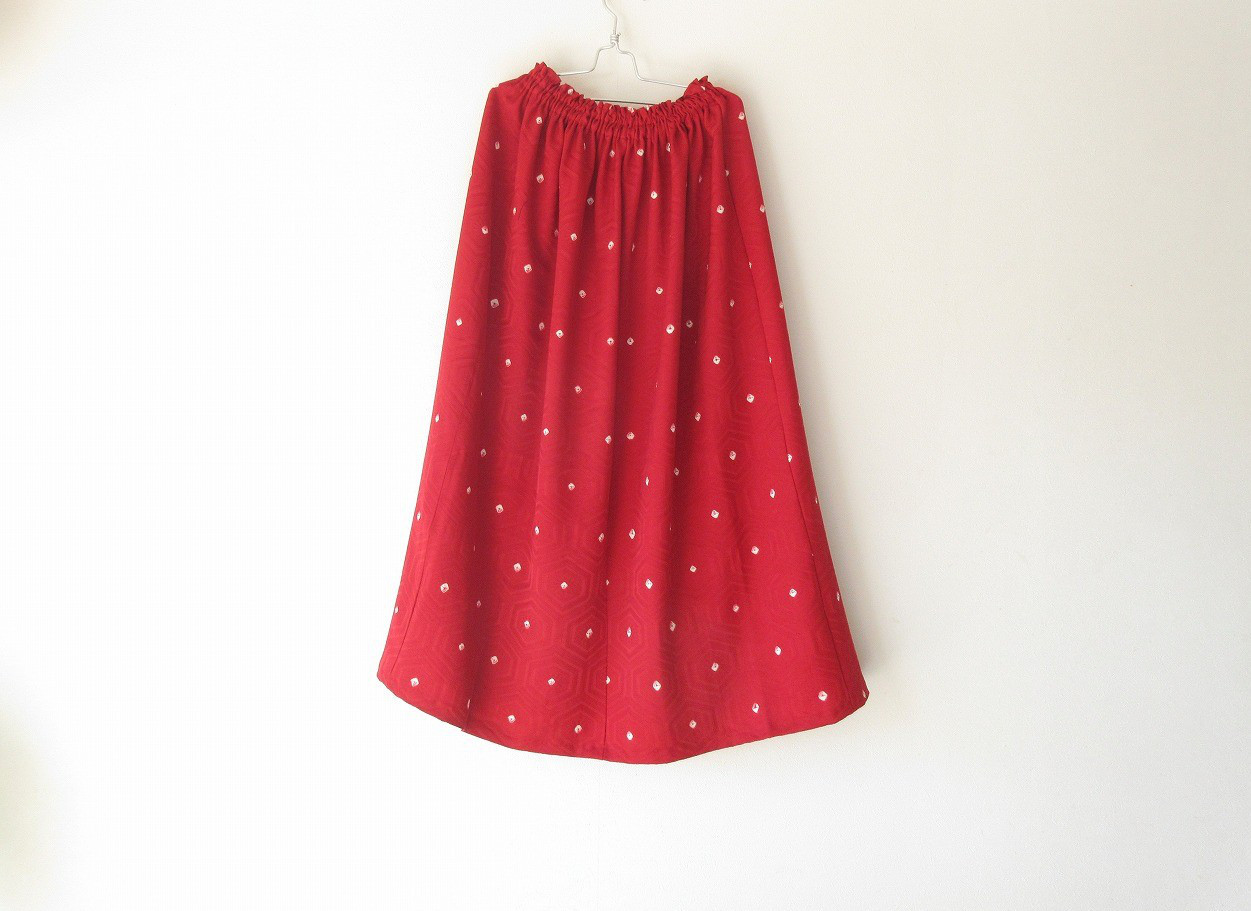 ☆シルク着物ロングスカート☆赤レース♪/31ks061