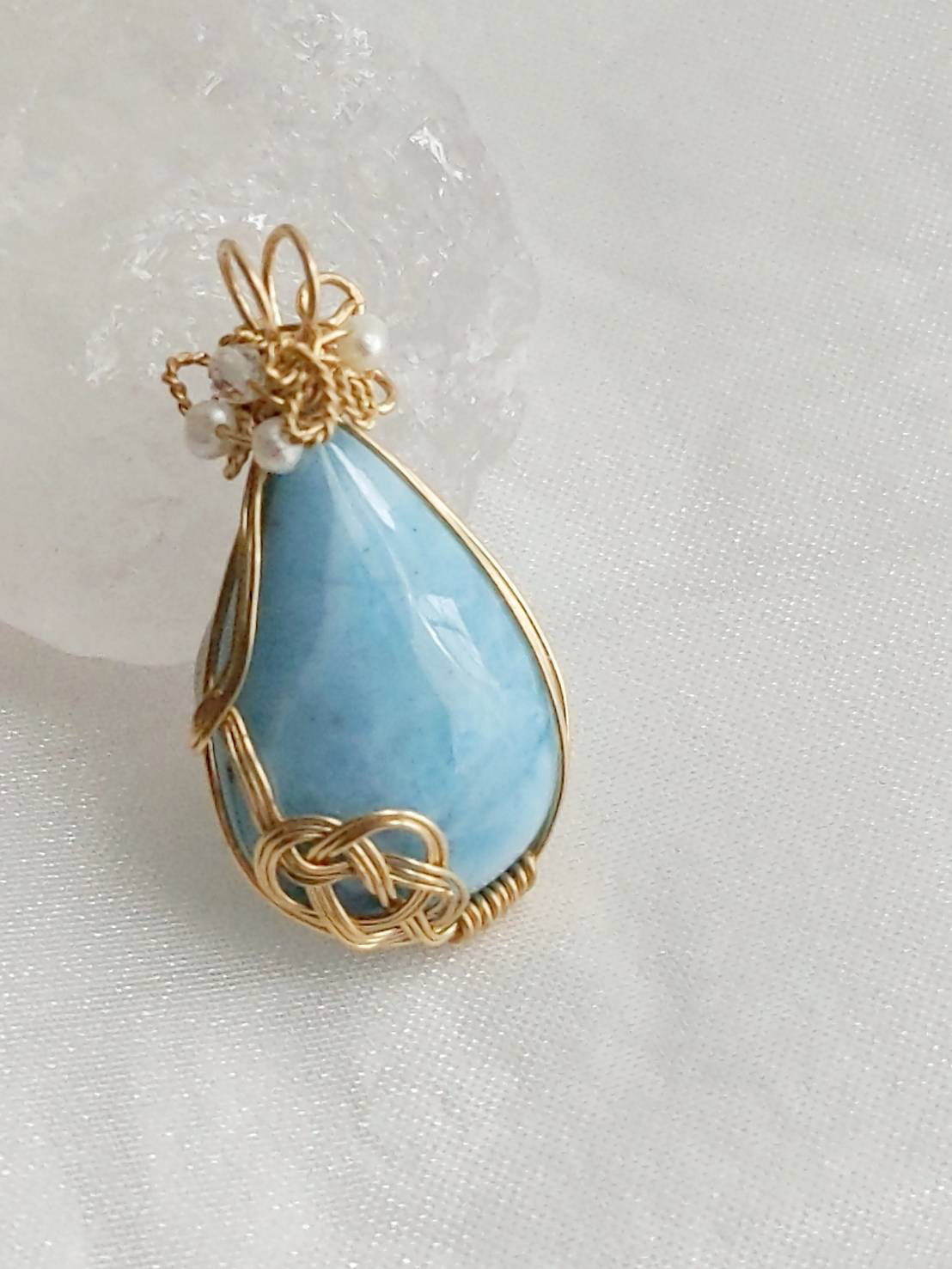 14kgf★ラリマーペンダントトップ　水引デザイン　シンプル　上品　ペンダントトップのみ　癒し　ワイヤージュエリー