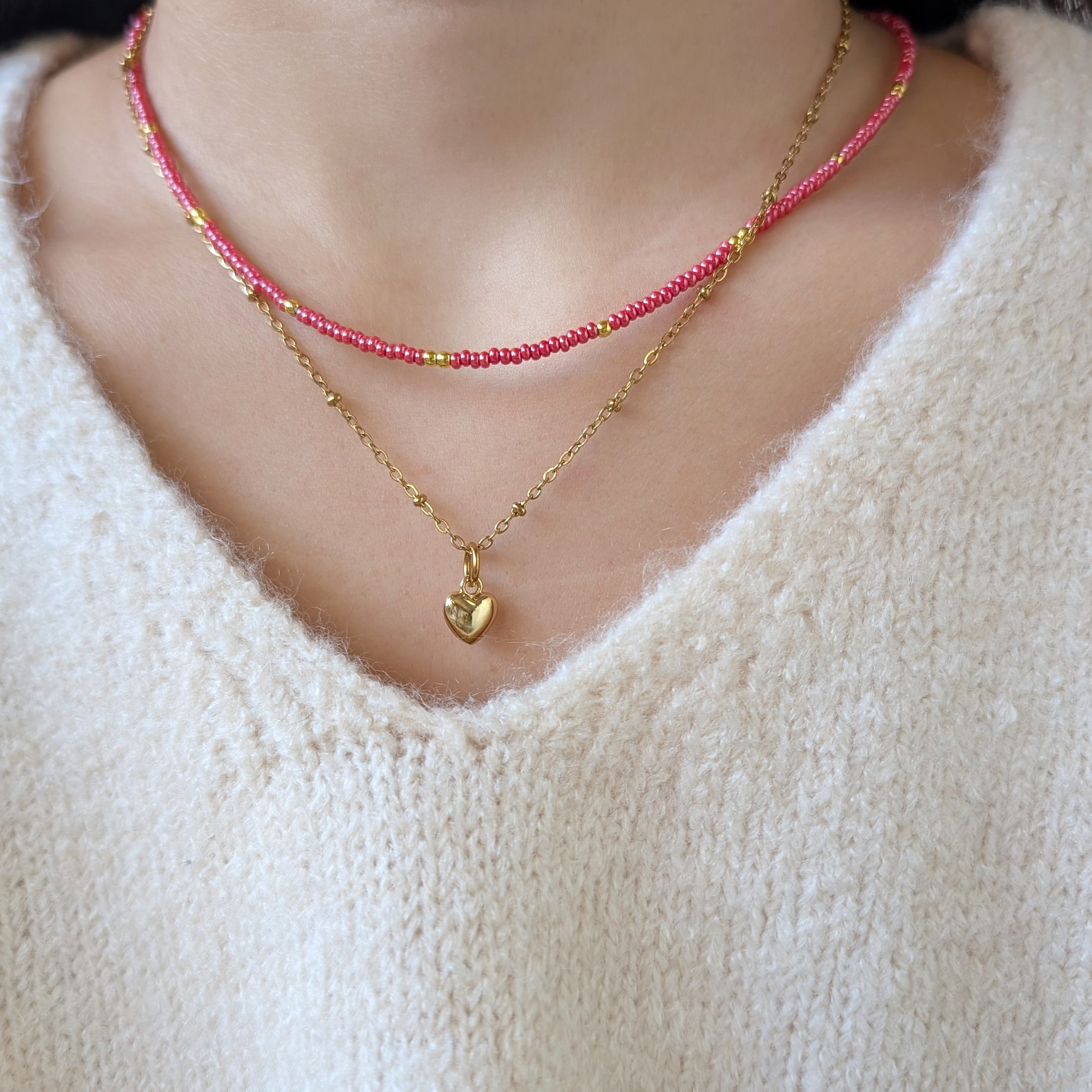 シルバー レッド ビーズ 2連ネックレス 5way!? 2本SET 赤いビーズとハートのネックレス ビーズネックレス