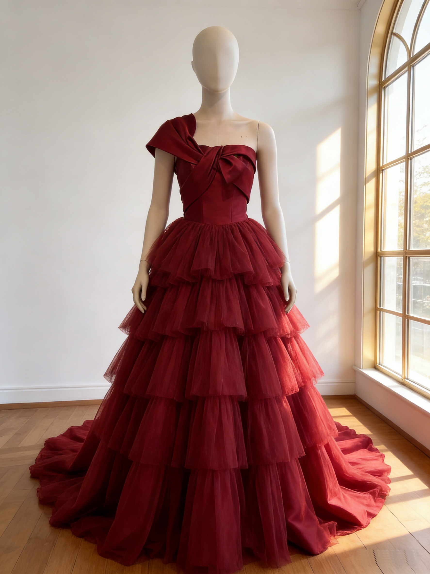 カラードレス ボルドー色   ショルダー型  柔らかく重ねたチュールスカート ロングトレーン  花嫁