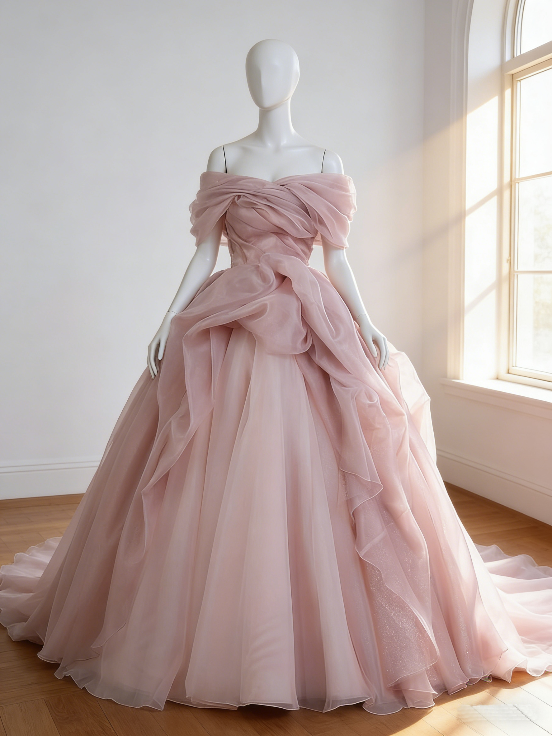 カラードレス  ピンク  オフショルダー  上質オーガンジー  編み上げ  華やかなトレーン  結婚式