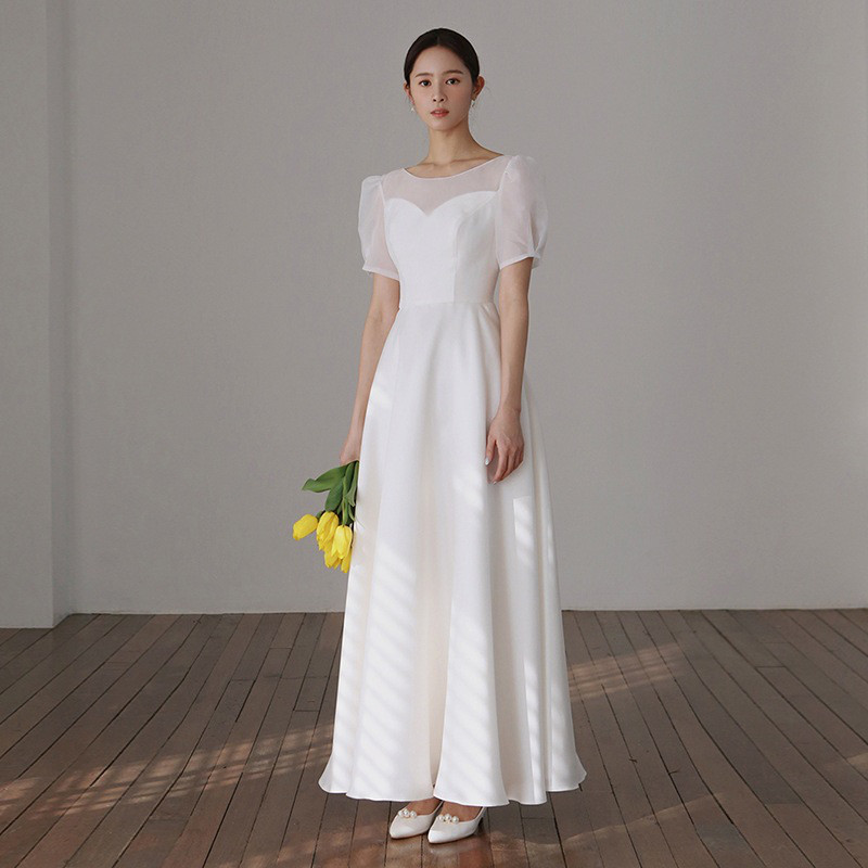 高級感 白 黒 サテン パーティードレス シンプル 韓国風 花嫁 誕生日 成人式 二次会 前撮り HL1330