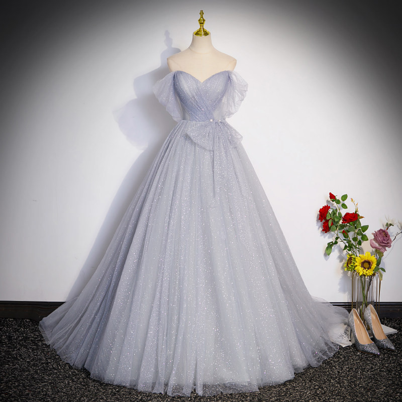 高級感 薄青 オフショルダー スパンコール パーティードレス 韓国風 花嫁 誕生日 二次会 前撮り HL1335