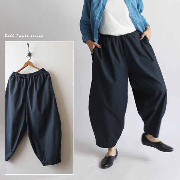 新作　８８ｃｍ　上質ギマ擬麻コットン　ボールパンツ　バルーン　ゆったり　ゴムウエスト　カラーパンツ　ダークグレーB72C