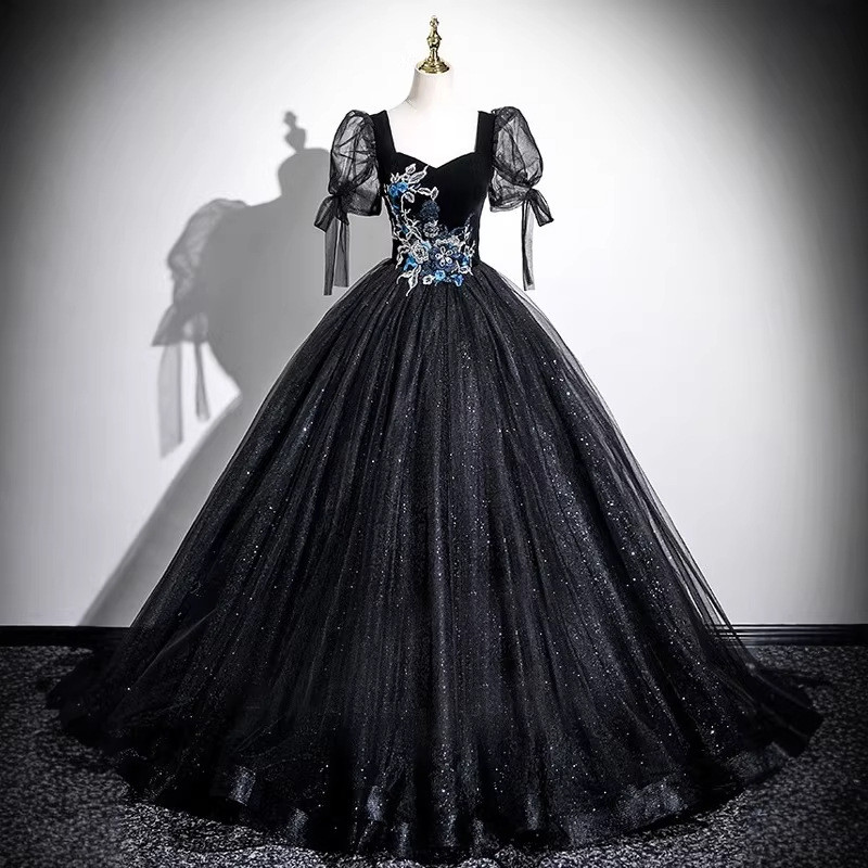 高級感 黒 ふわふわ パフスリーブ きらきら パーティードレス 綺麗 演奏会 誕生日 二次会 前撮り HL1336