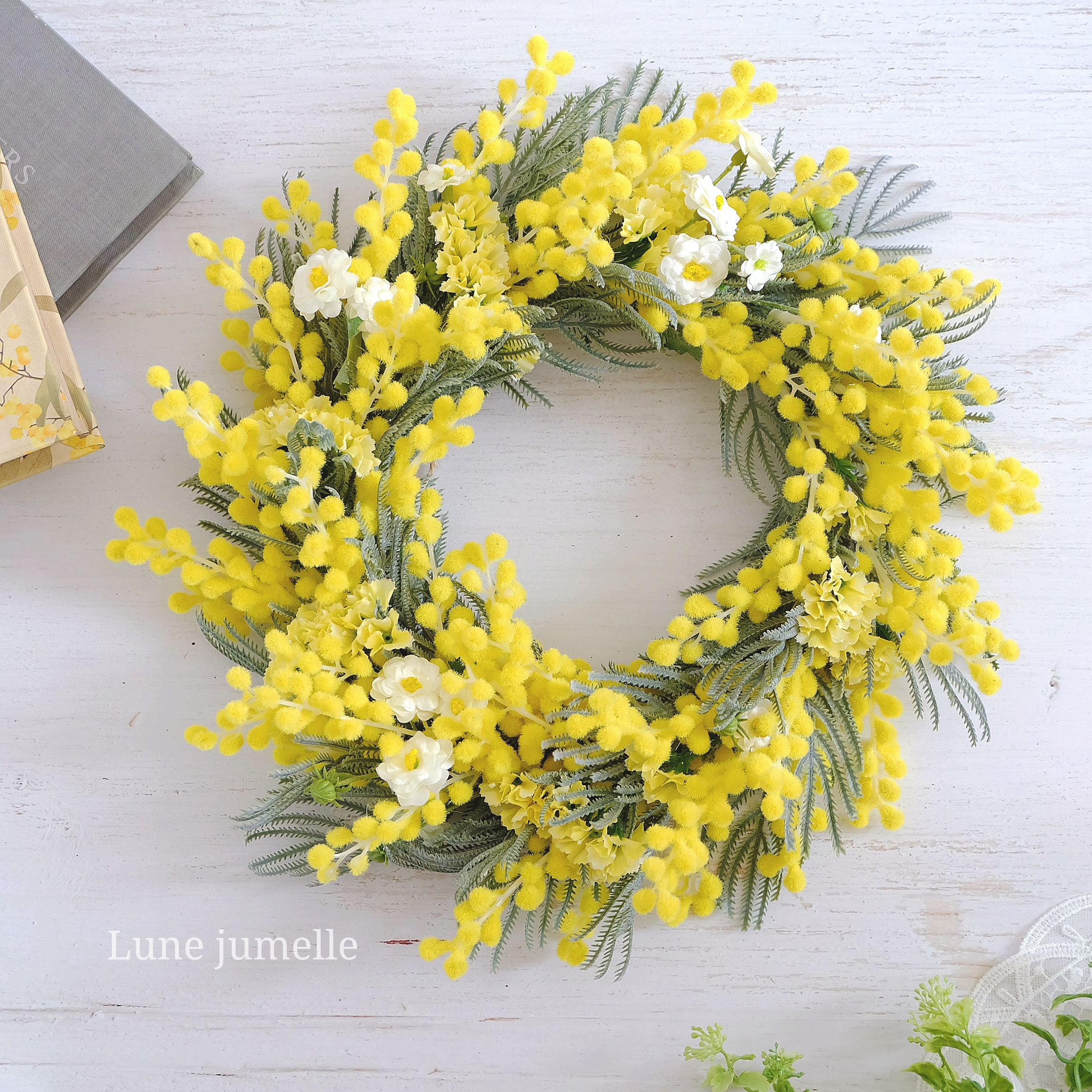 33cm大きめ｜ミモザのナチュラルリース(アーティフィシャルフラワー)｜造花　アートフラワー　玄関　春　ギフト　ドライ風