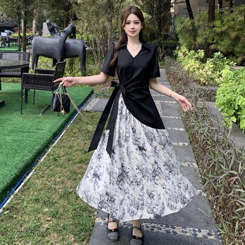 【新品】大きいサイズ モノトーン花柄ロングワンピース 3L春夏秋半袖レディース６