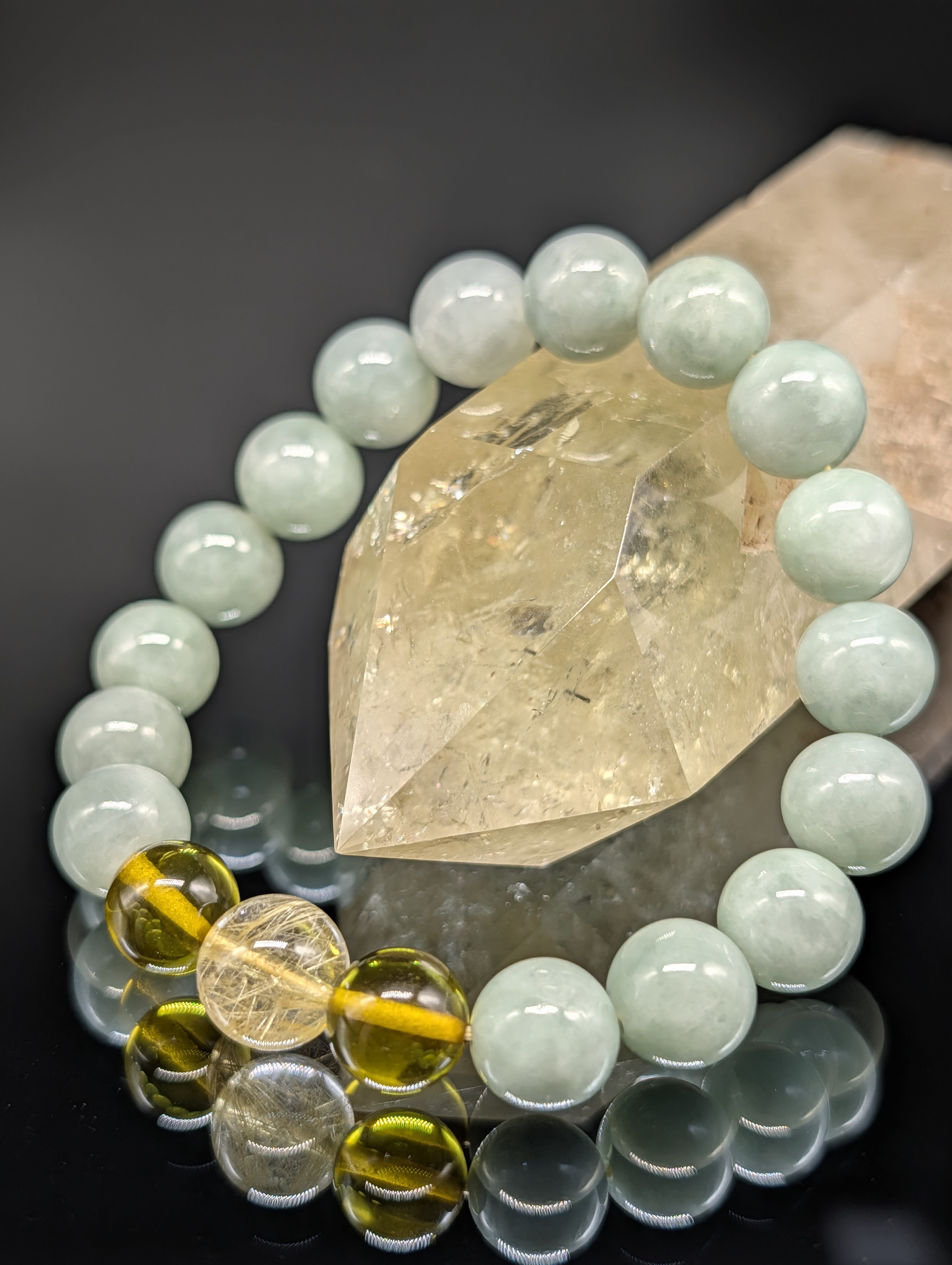 【高品質・金銭運・健康・大願成就】ルチルクォーツ  グリーンアンバー 翡翠 10mm ブレスレット