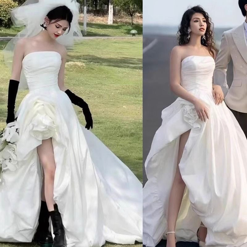 高級感 白 黒 オフショルダー 裾引き ウェディングドレス 韓国風 花嫁 誕生日 二次会 前撮り HL1339