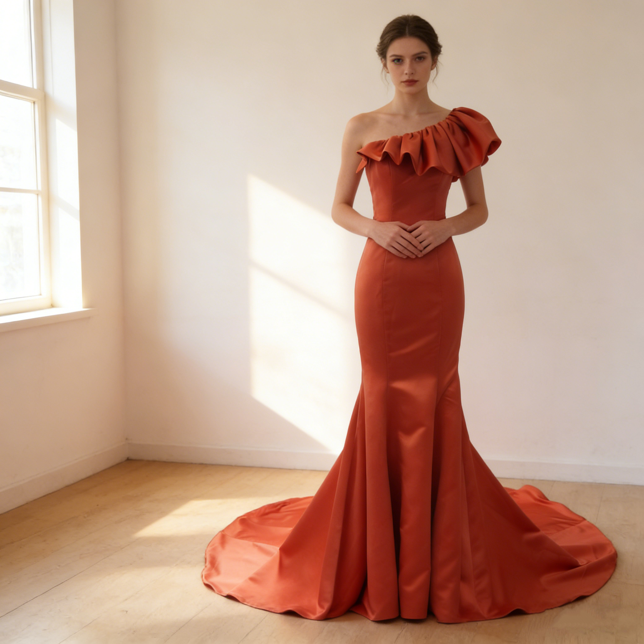 送料無料！パーティードレス テラコッタ  マーメイドライン ワンショルダー 光沢サテン 前撮り 優雅なシルエット