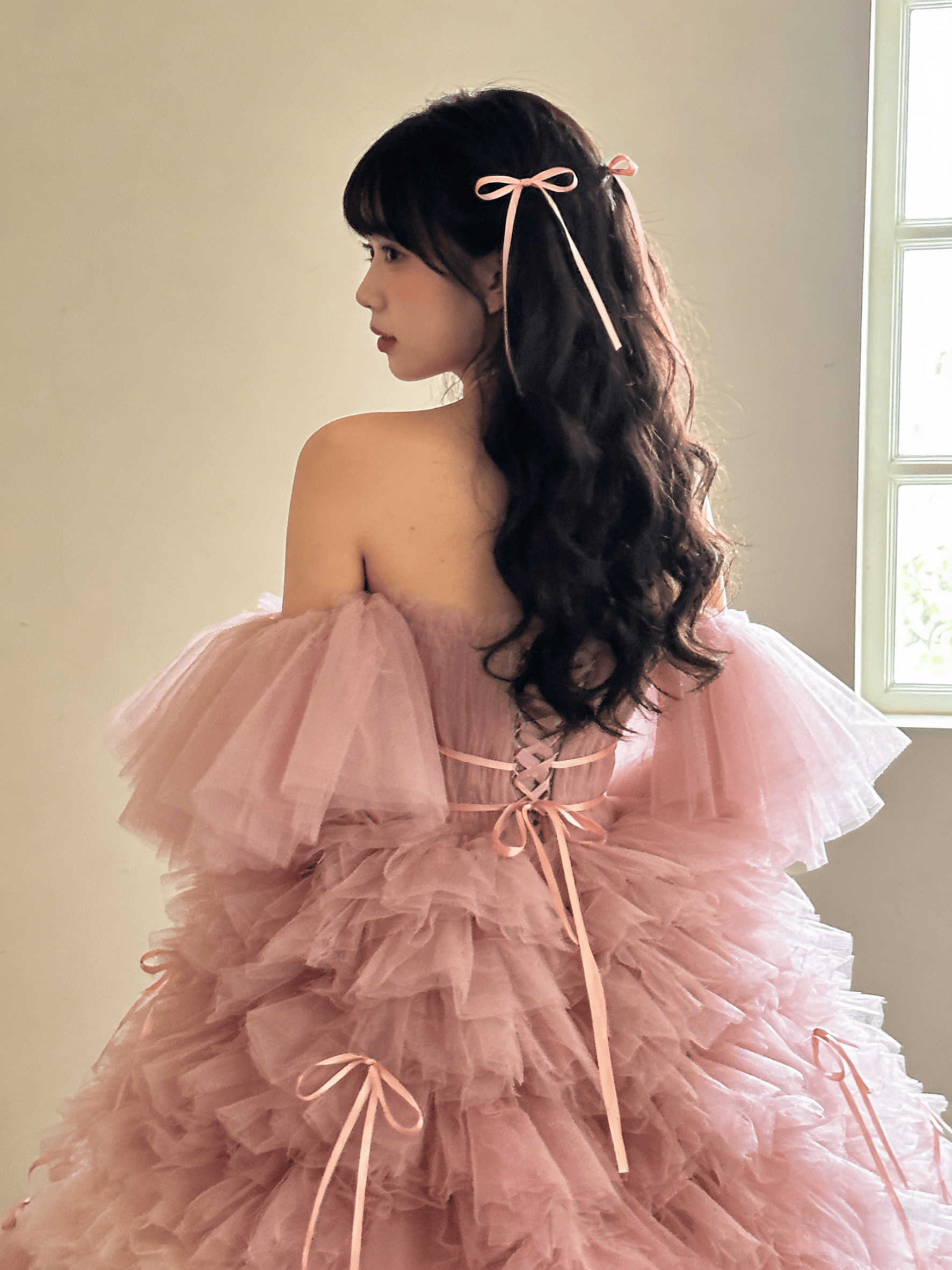 送料無料！カラードレス ピンク もこもこドレス リボン 編み上げ 披露宴/結婚式 花嫁/ウェディングドレ 可愛い