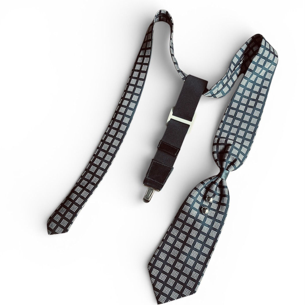 シルクネクタイリメイク サスペンダー｜ブラック系柄【1点物】