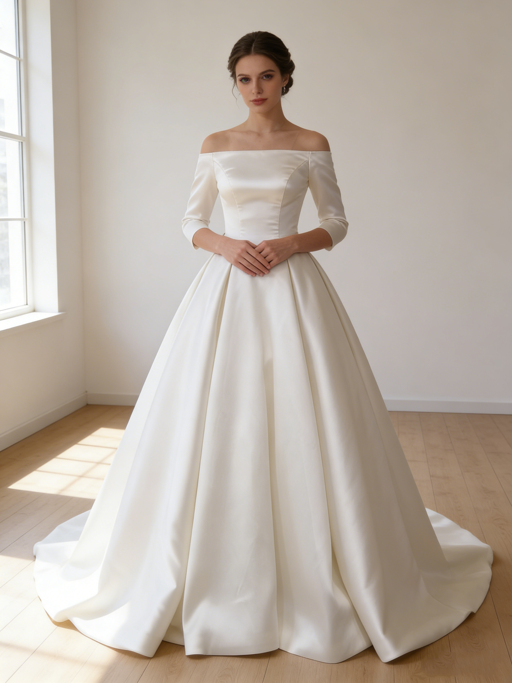 送料無料！ウェディングドレス オフショルダー 七分袖丈 ミカドサテン エレガント アンティークなドレス スレンダーライン