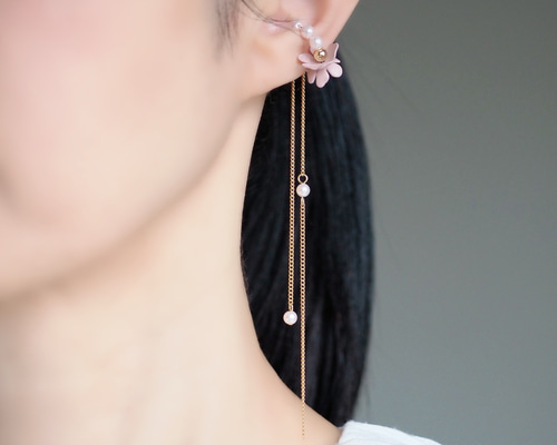 Wチェーンロングイヤーカフ 桜ピンク サージカルステンレスチェーン