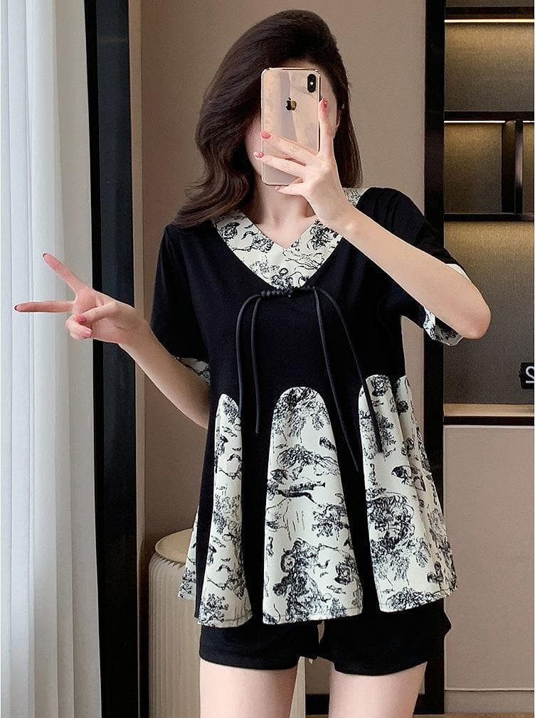 新品大きいサイズ柄物 半袖トップス ショートパンツ春夏セットアップf