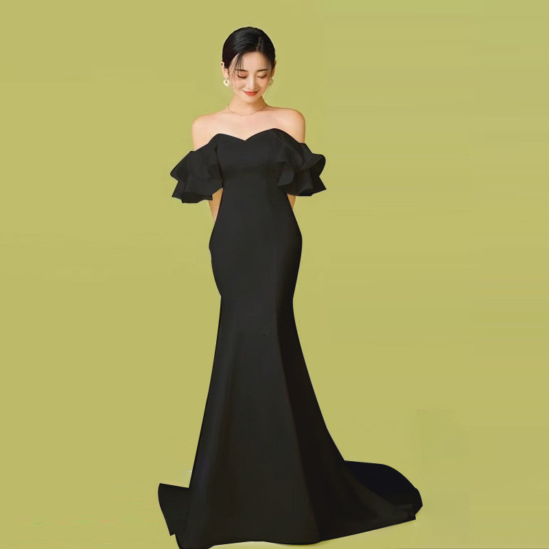 高級感 マーメイドドレス 白 黒 オフショルダー シンプル 韓国風 花嫁 誕生日 二次会 前撮り お呼ばれ AK833