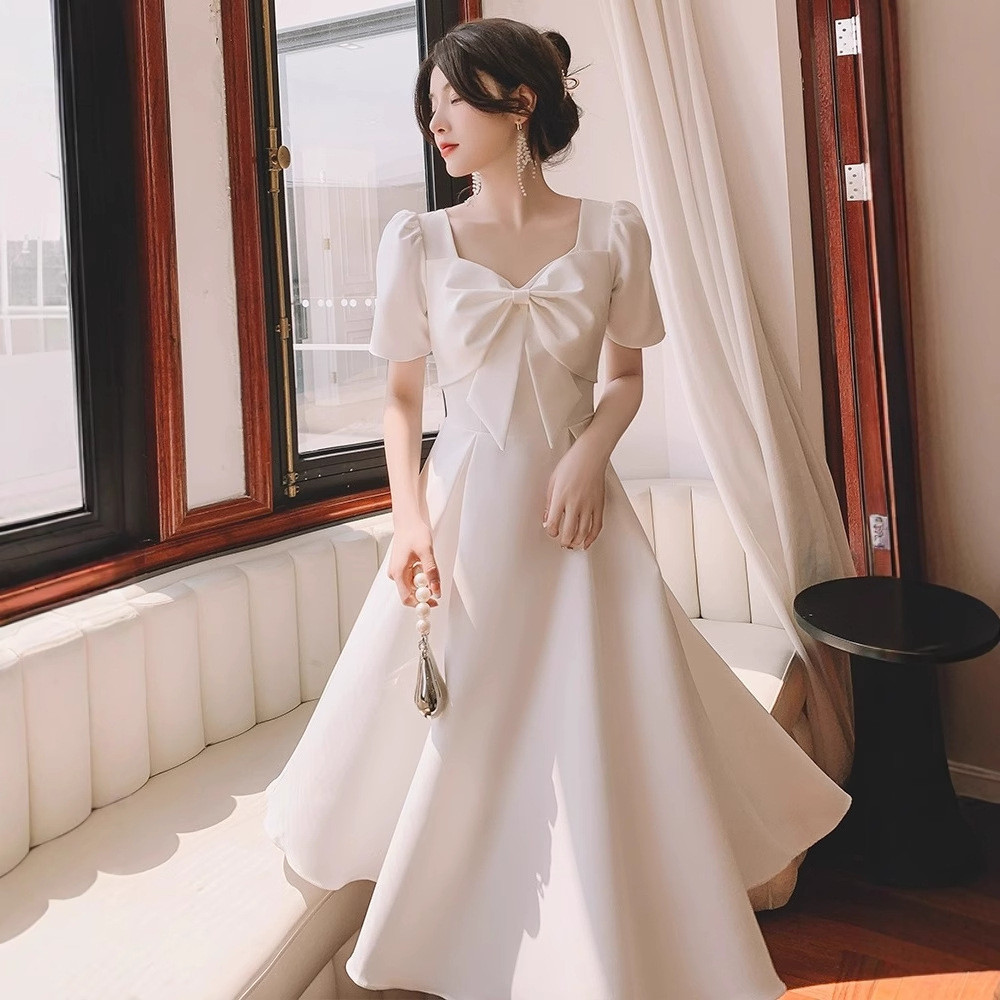 パーティードレス 白 半袖 七分袖 リボン シンプル 韓国風 花嫁 誕生日 二次会 前撮り お呼ばれ AK841