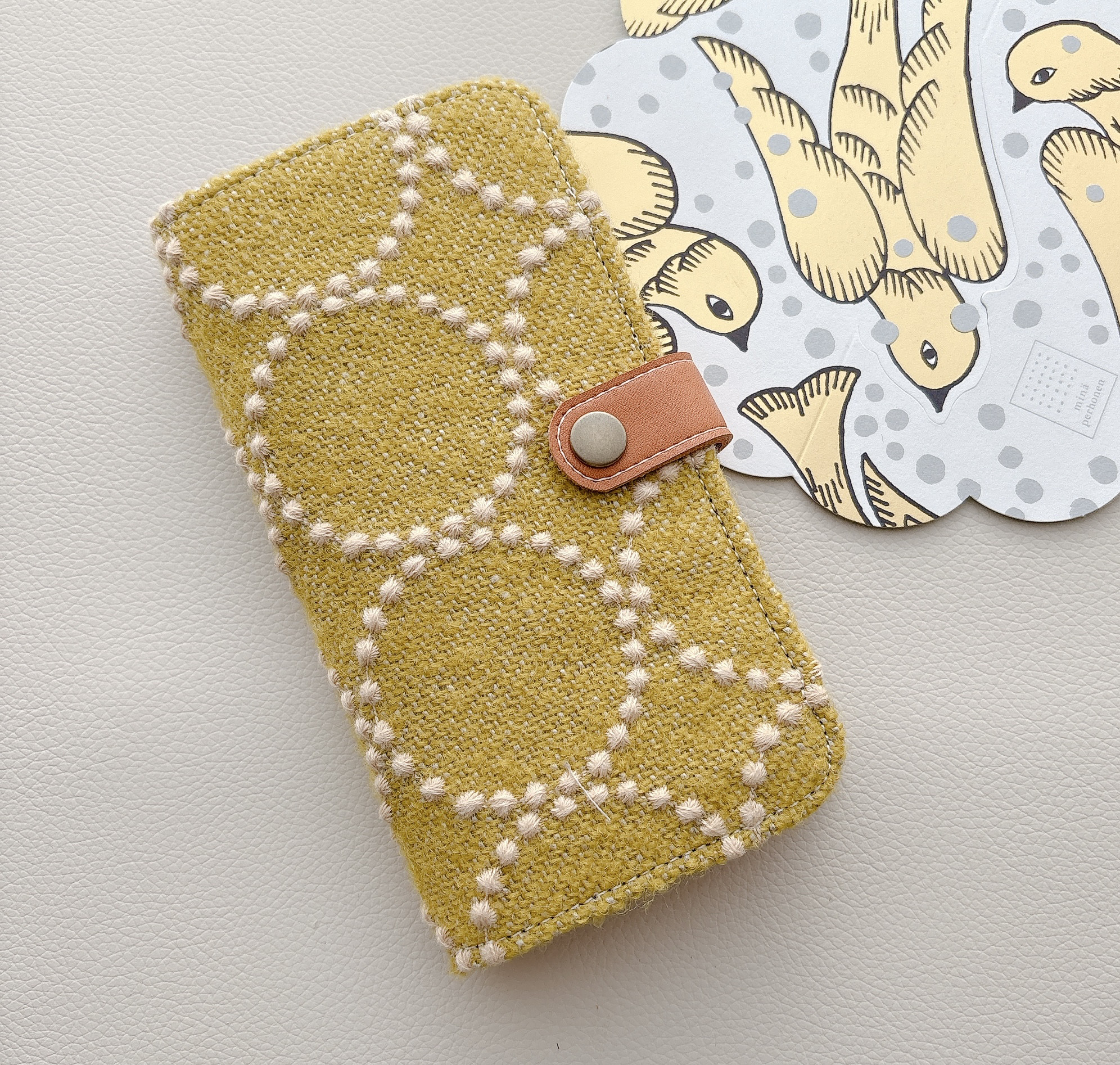 ミナペルホネン&本革　手帳型スマホケース　iPhoneケース スマホカバー　タンバリン　tambourine