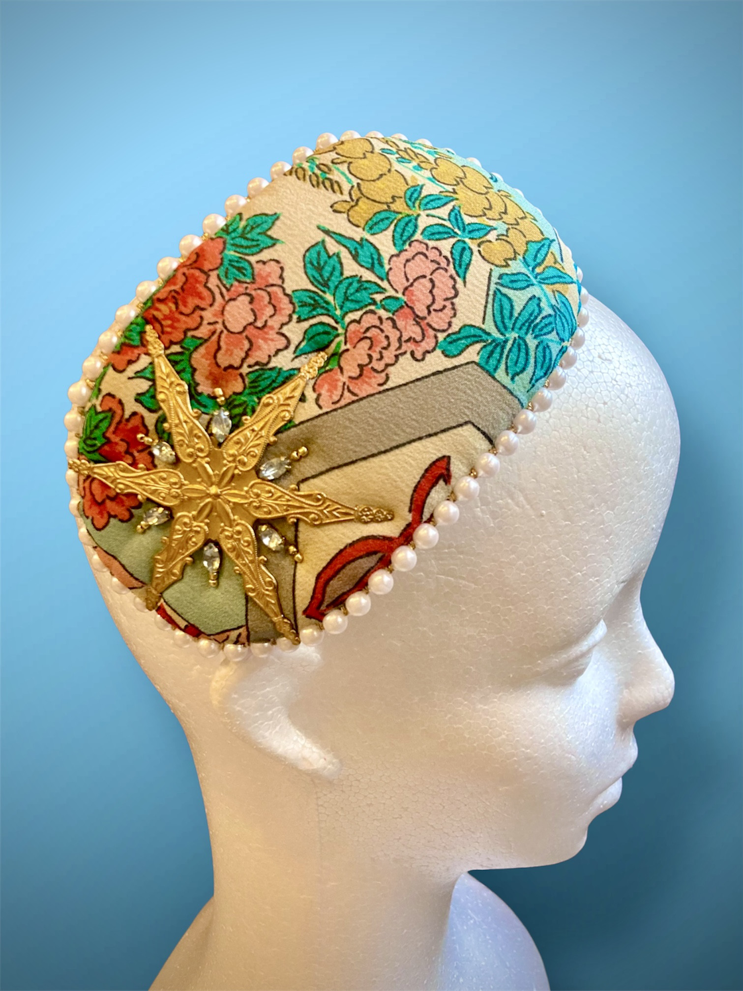 ✤ アンティーク縮緬 パール巻ヘッドドレス/古典柄 STAR ✤