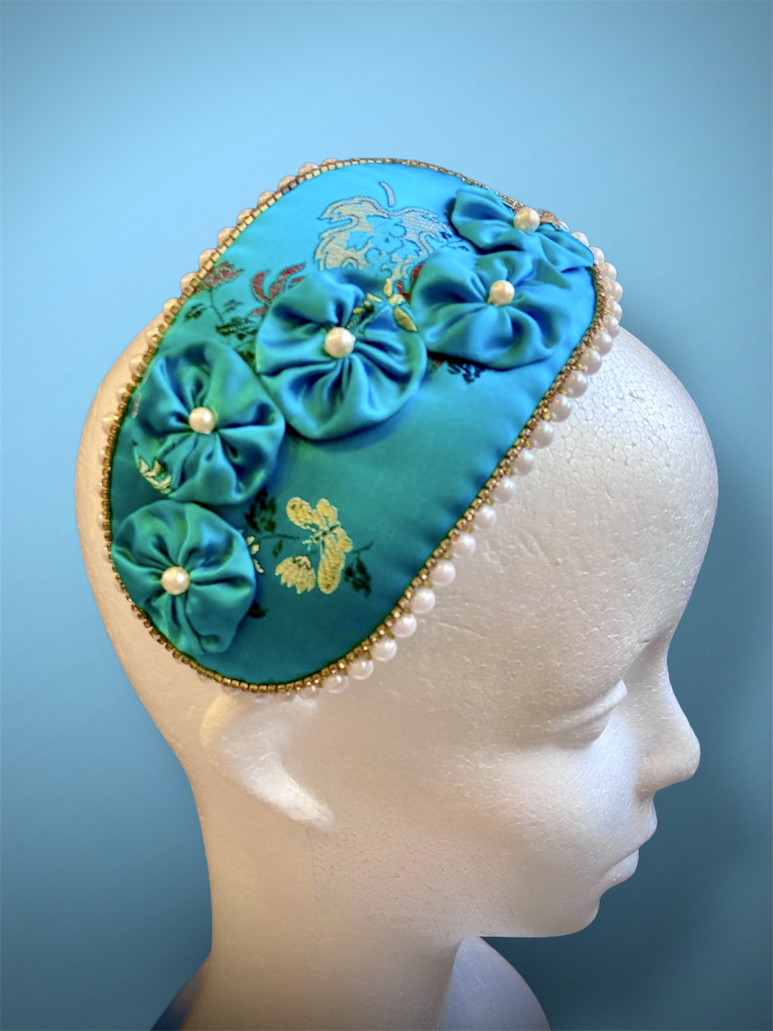 ✤ ヴィンテージチャイナサテン パール巻ヘッドドレス/ヨーヨーキルト ✤