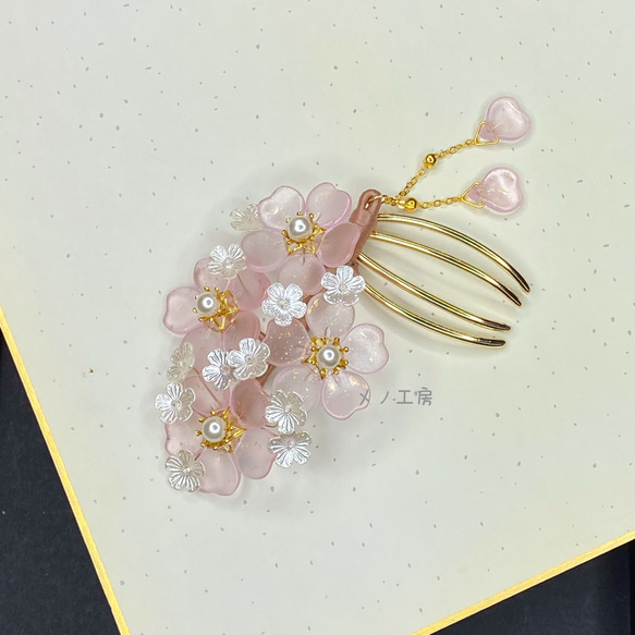 桜のかんざしセット【ピンク２色・白×ゴールドグラデ葉・ゴールドワイヤー】 ガラス桜の櫛かんざし ヘアコーム 金ラメマットピンク色 ヘアクリップ