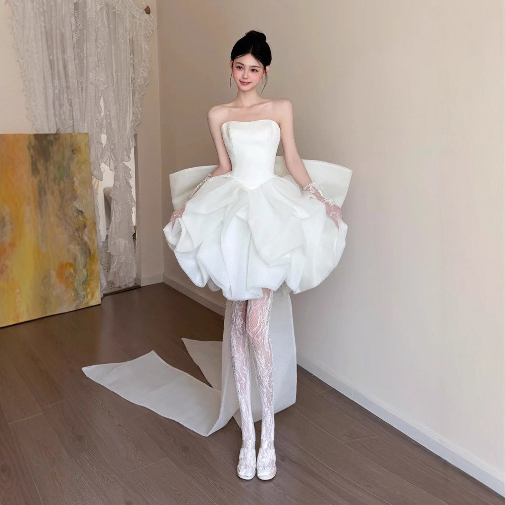 高級感 白 オフショルダー ふわふわ ショート丈 ウェディングドレス 韓国風 花嫁 誕生日 二次会 前撮り HL1346