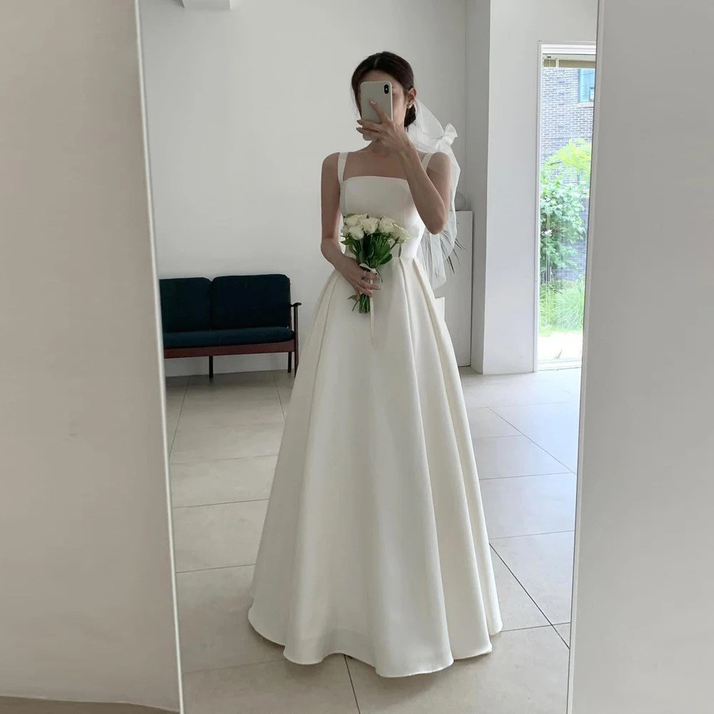 高級感 白 サテン ウェディングドレス シンプル 韓国風 花嫁 パーティー 誕生日 二次会 前撮り HL1349