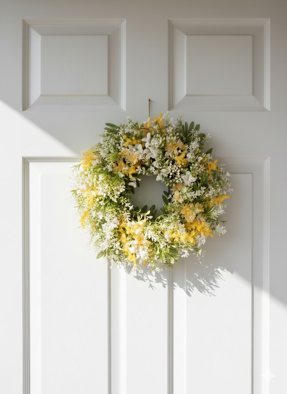 ミモザと小花グリーンのスプリングリース｜春を告げるナチュラルリース（直径30cm） 10枚目の画像