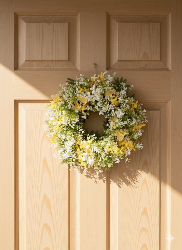 ミモザと小花グリーンのスプリングリース｜春を告げるナチュラルリース（直径30cm） 9枚目の画像