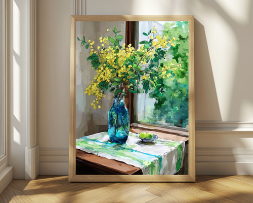 ミモザのある静かな窓辺｜水彩画 ナチュラルインテリア 植物 癒し