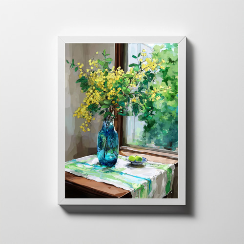 ミモザのある静かな窓辺｜水彩画 ナチュラルインテリア 植物 癒し