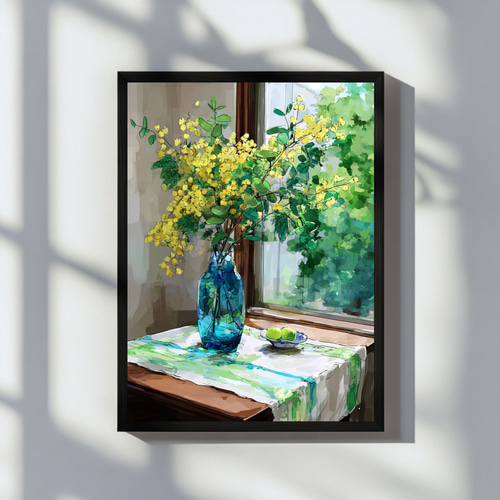 ミモザのある静かな窓辺｜水彩画 ナチュラルインテリア 植物 癒し