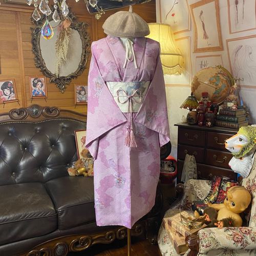 着物リメイクワンピース3633 長襦袢 着物 ハンドメイド リメイク ワンピース ドレス 和洋折衷