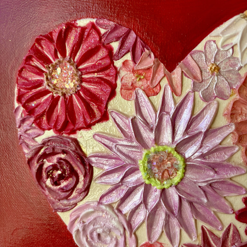 想いを包む ― 花咲くハートのテクスチャーアート（原画・F3） 絵画
