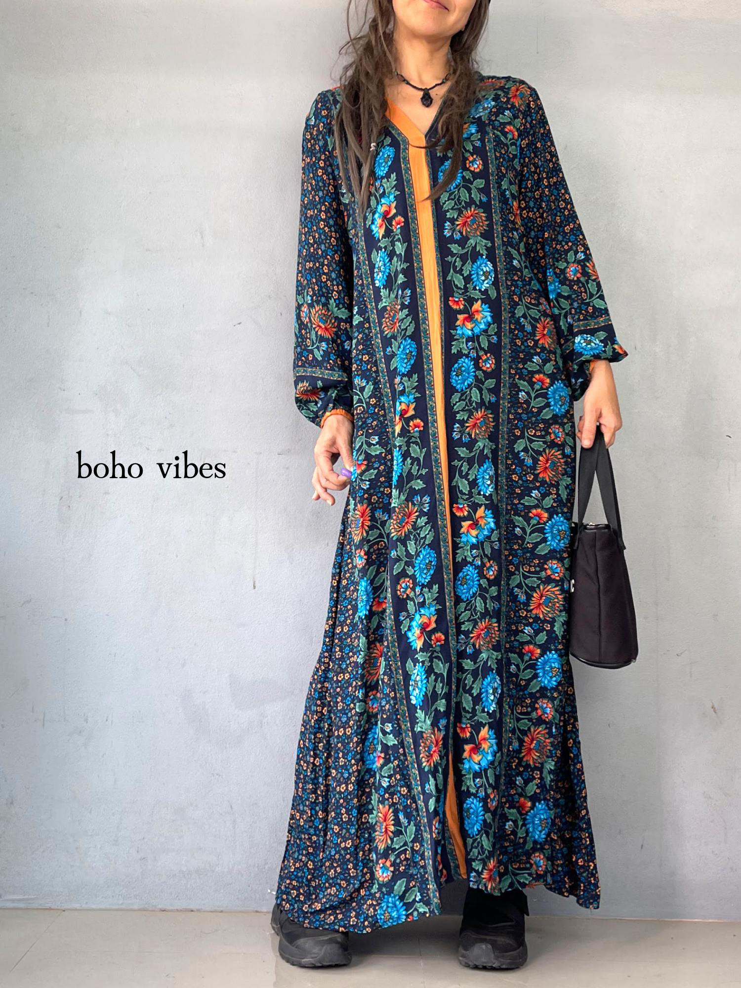 【4color】ボヘミアン 花柄 レーヨンコットン エスニック 長袖ワンピース