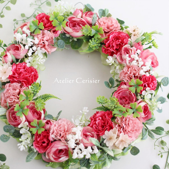 【早割】☆カーネーション ラナンキュラス リース＜アーティフィシャルフラワー＞レッド ピンク 28センチ 母の日 3枚目の画像