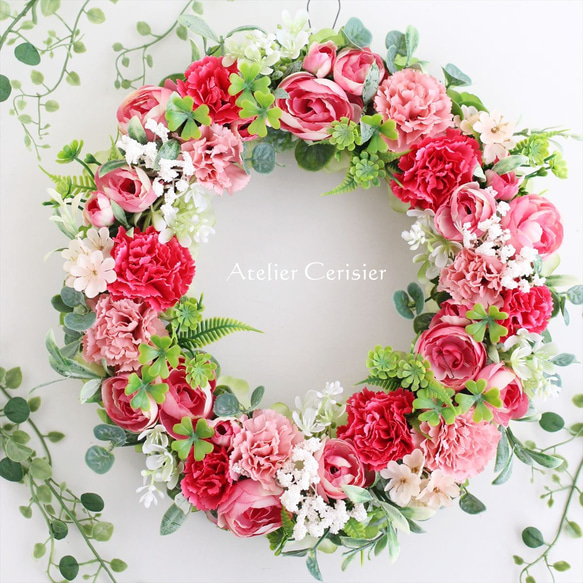 【早割】☆カーネーション ラナンキュラス リース＜アーティフィシャルフラワー＞レッド ピンク 28センチ 母の日 1枚目の画像