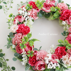 【早割】☆カーネーション ラナンキュラス リース＜アーティフィシャルフラワー＞レッド ピンク 28センチ 母の日 2枚目の画像