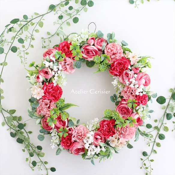 【早割】☆カーネーション ラナンキュラス リース＜アーティフィシャルフラワー＞レッド ピンク 28センチ 母の日 4枚目の画像