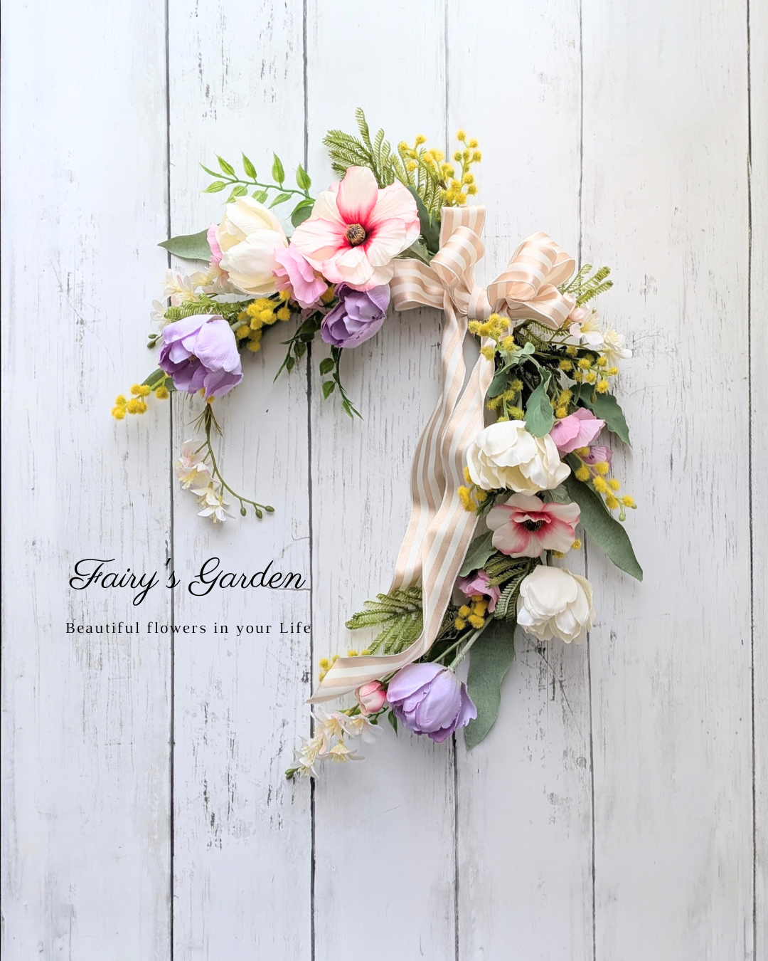 チューリップとミモザの馬蹄形リース