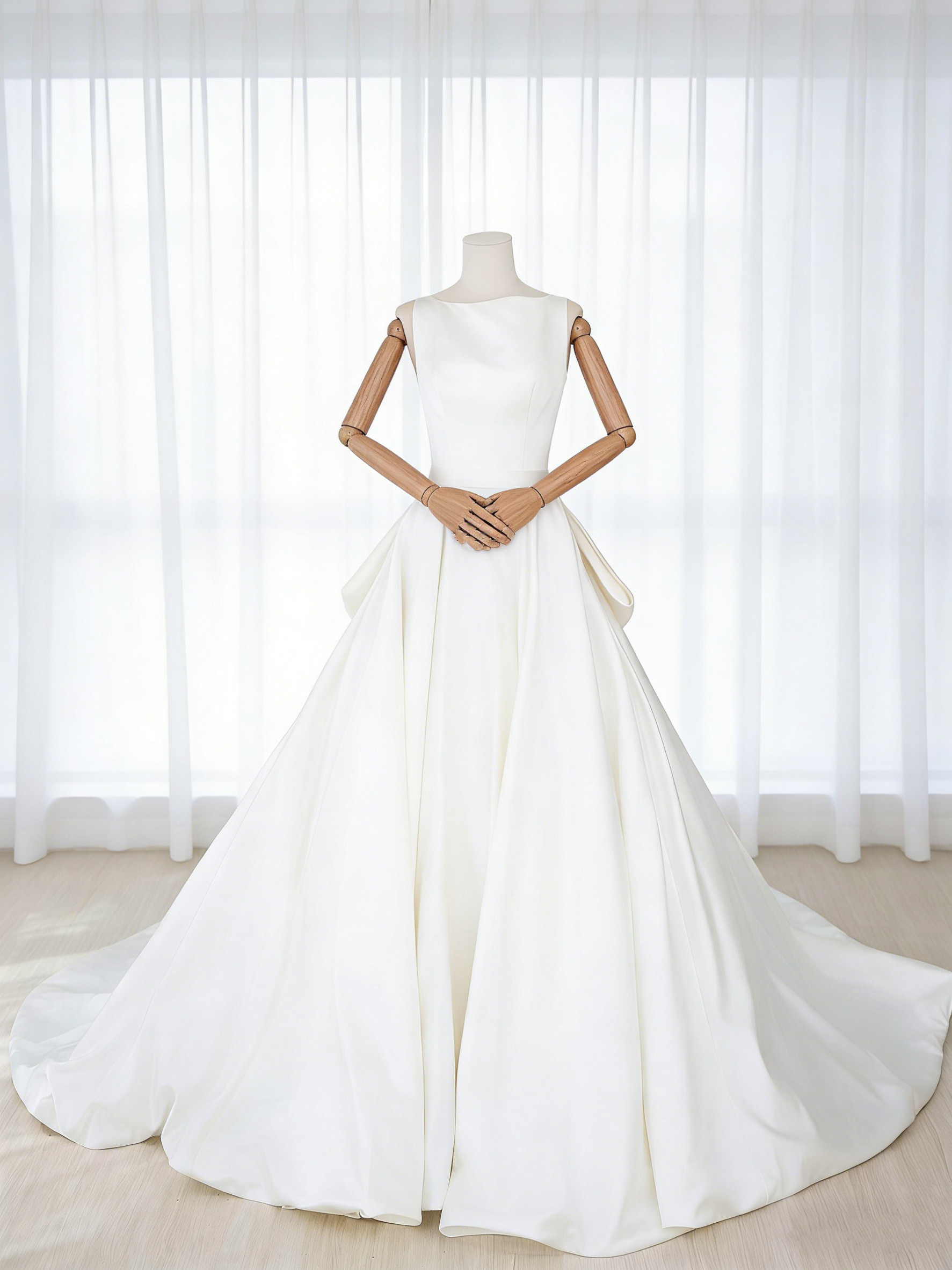 送料無料！ウェディングドレス ノースリーブ ノースリーブ オフホワイト エレガント ラウンドネック 結婚式/披露宴