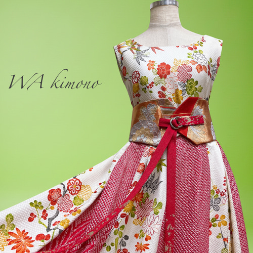 赤系MIXワンピース 着物 着物リメイク 着物ドレス L～2L B80112