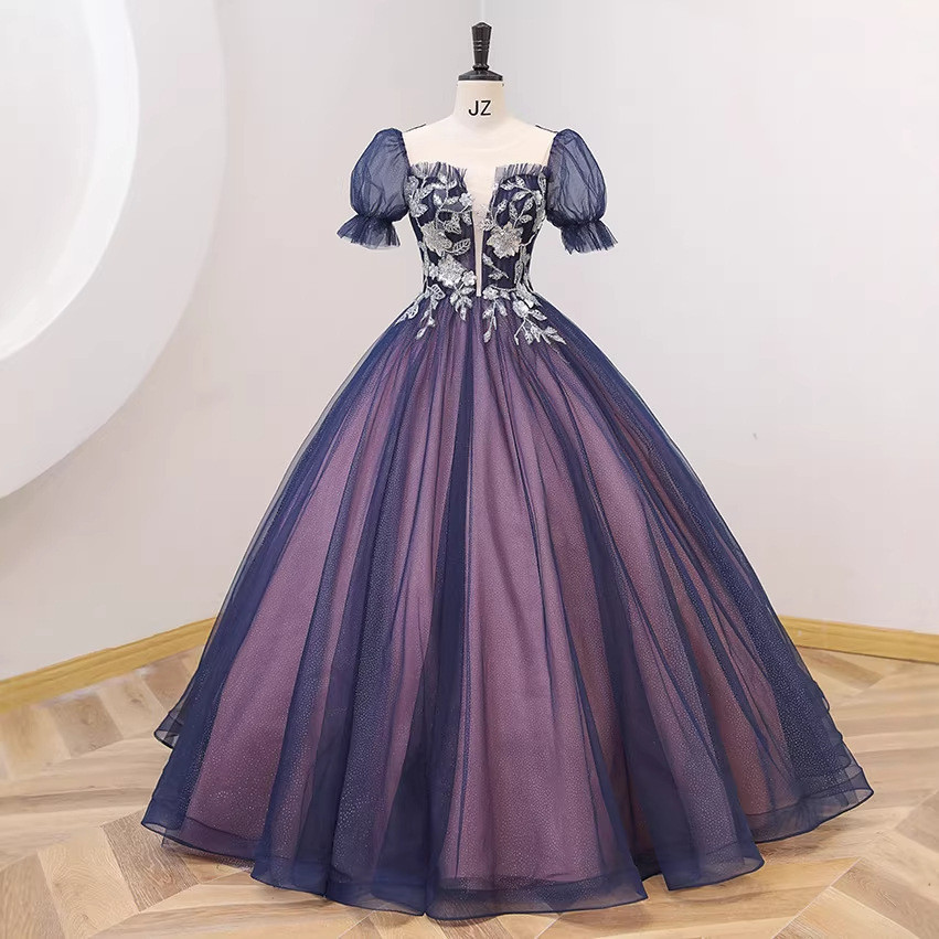 綺麗 紫 パフスリーブ ふわふわ パーティードレス プリンセス 高級感 演奏会 誕生日 二次会 前撮り HL1354