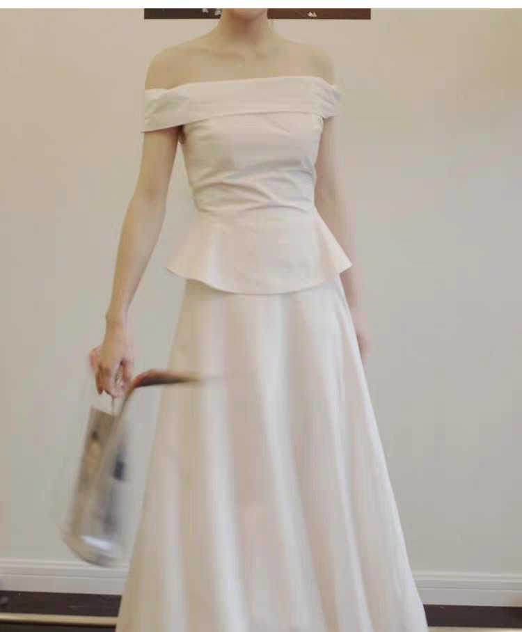 高級感 白 黒 サテン オフショルダー ウェディングドレス シンプル 韓国風 花嫁 誕生日 二次会 前撮り HL1356