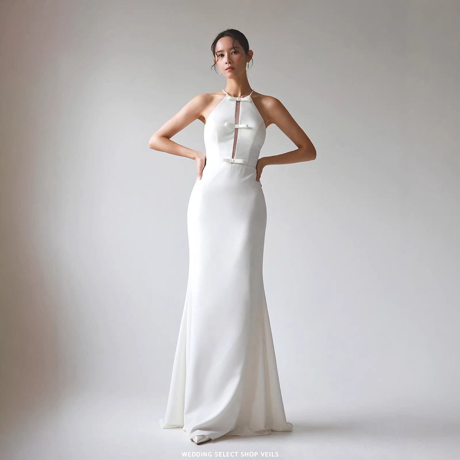 高級感 白 黒 スリム リボン ウェディングドレス シンプル 韓国風 花嫁 誕生日 二次会 前撮り HL1358