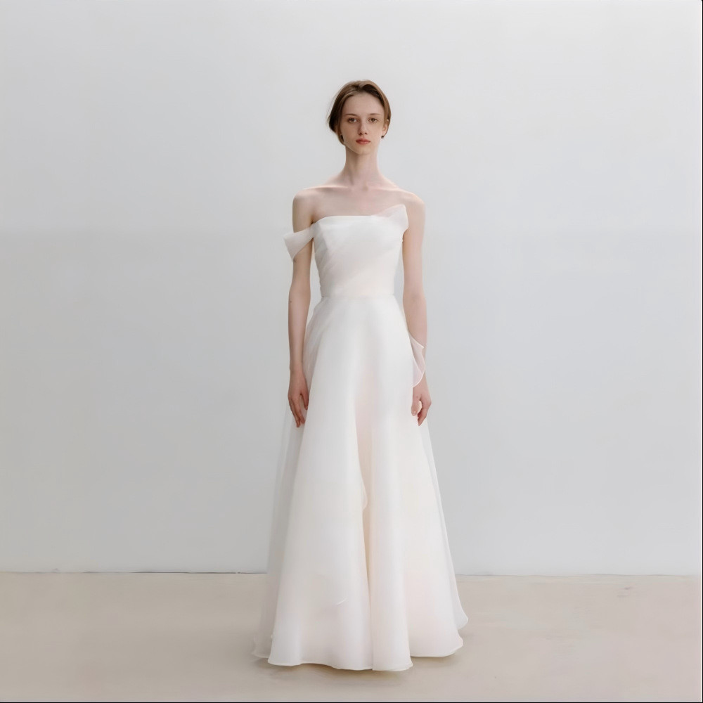 高級感 白 黒 オフショルダー ウェディングドレス シンプル 韓国風 花嫁 誕生日 二次会 前撮り HL1359