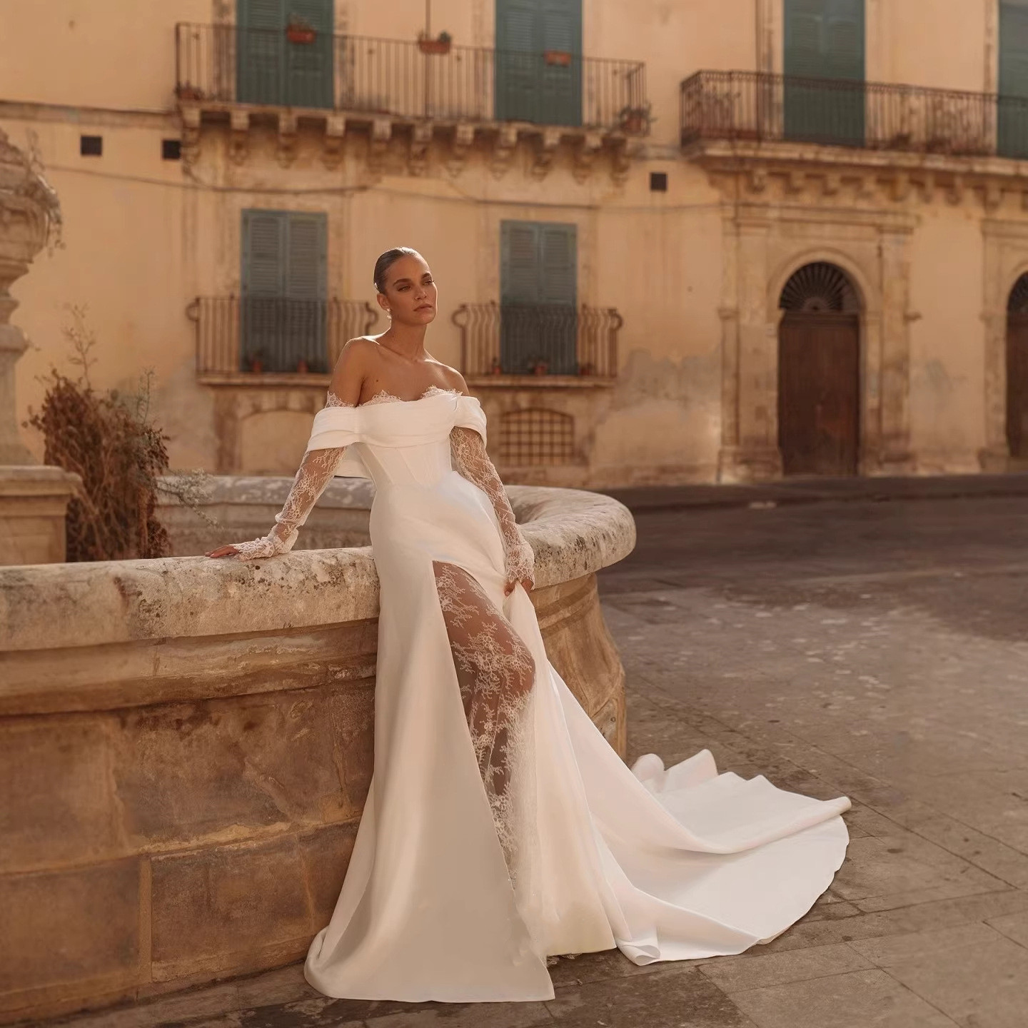 高級感 白 レース オフショルダー 裾引き ウェディングドレス 花嫁 パーティー 誕生日 二次会 前撮り HL1362